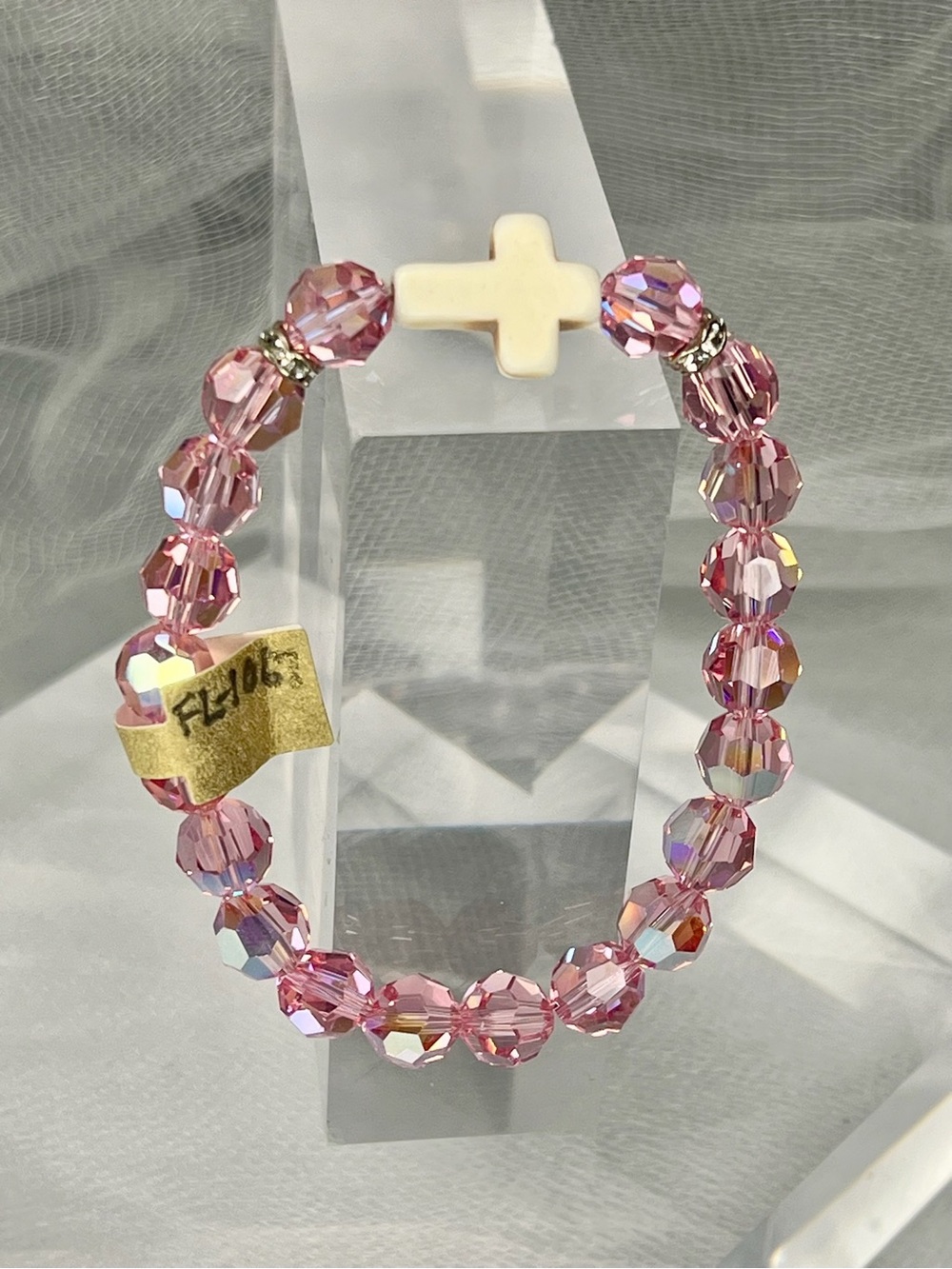 Artisan Swarovski Crystal Rose AB and Crystal Rondells with Stone Cross (FL1067)